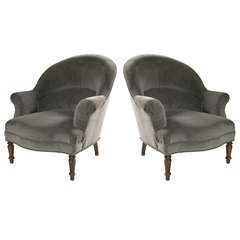 Pair of 19th C French Round Back Armchairs with Wood Legs